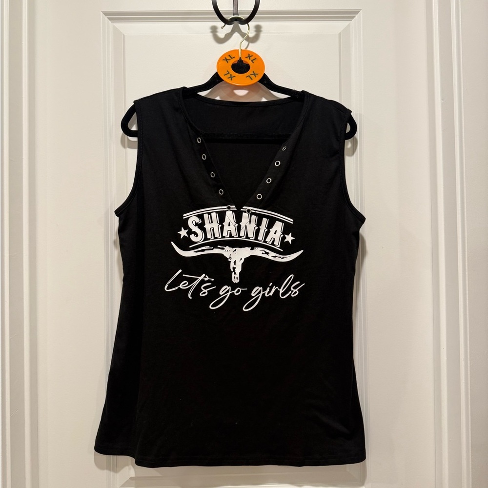 Black Graphic Tank Top with Eyelet Detail